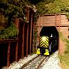 Southern Pacific Alco S4 switcher exiting Sheridan connector tunnel